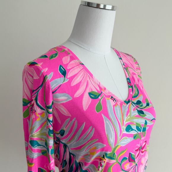 Lilly Pulitzer Top Womens XS Pink Floral Long Sleeve PJ Knit Plumeria I'm feline - Picture 4 of 10